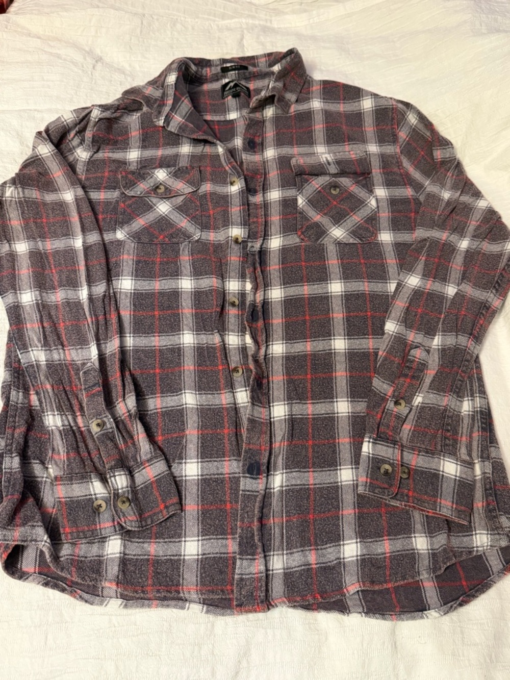 Mens Large Slim Fit Plaid Flannel Button Up Shirt Grey Red Massive Outdoor